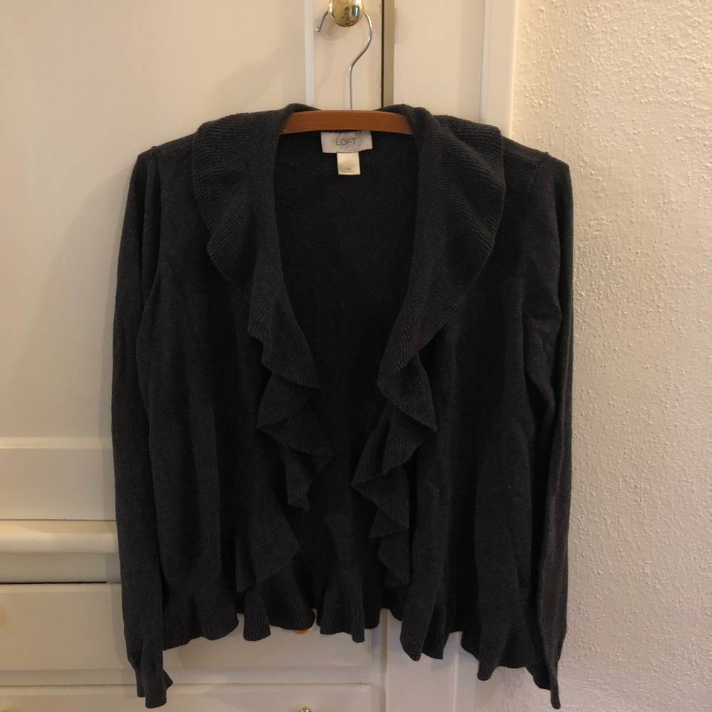 Ann Taylor LOFT Ruffle Gray Cardigan